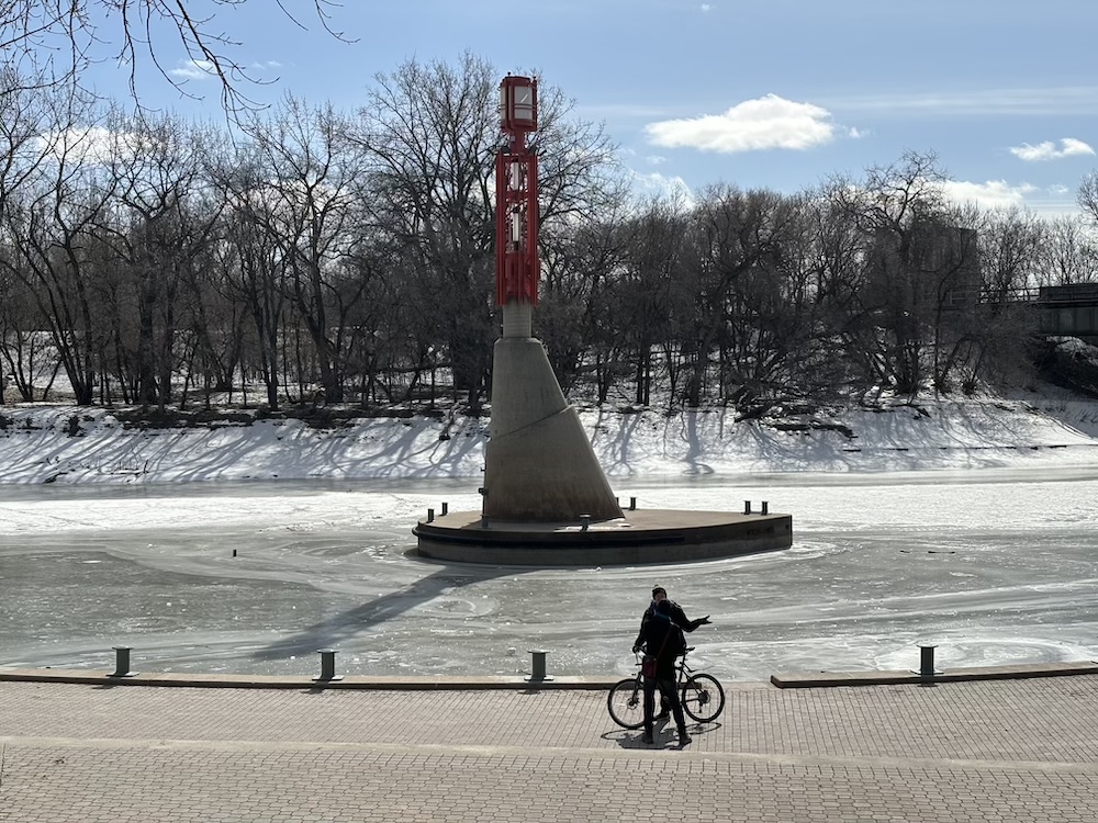 Frozen river at The Forks in Winnipeg, Canada