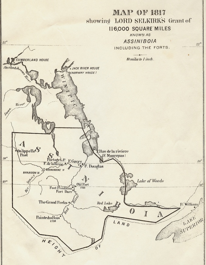 Map illustrating Lord Selkirks 116,000 Square Miles land grant, area which was known as Assiniboia.