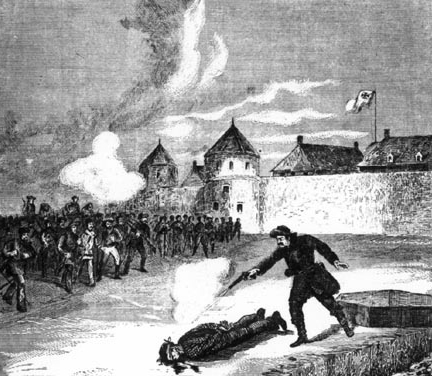 An artist's depiction of the execution of Scott, 1870 - Red River Rebellion