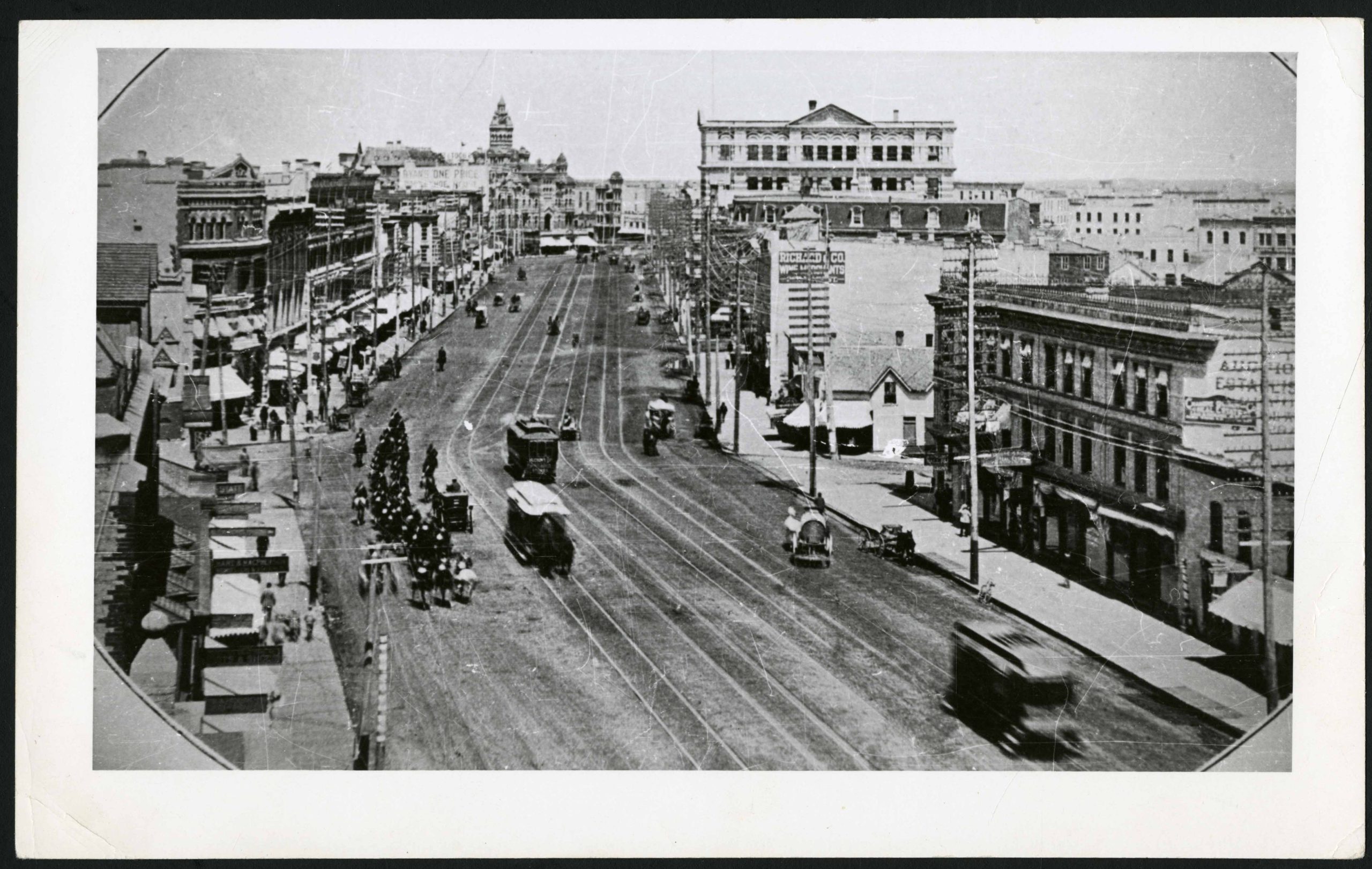 1891-1894-Photograph shows horsecar No. 3 on Main St. heading south past the Hudson's Bay Wholesale Building